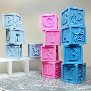 May include: Blue and pink alphabet blocks spelling out "BOY" and "GIRL" with various baby-themed images on each block. The blocks are stacked on top of each other.