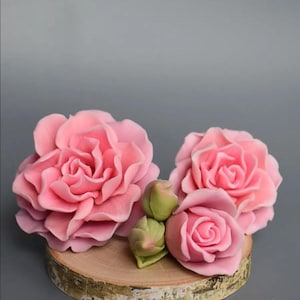 May include: Close-up of pink rose flowers and buds displayed on a small, round wooden slice. The roses have multiple layers of petals, and the buds are green. The background is a solid grey colour.
