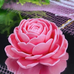 May include: A single, large, pink rose made of soap. The rose is in focus and the background is blurred.