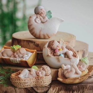May include: Five miniature fairy figurines sleeping in various settings, including a seashell, an eggshell, a peanut shell, a leaf, and a small wooden crib. The fairies are made of white porcelain and have delicate features.