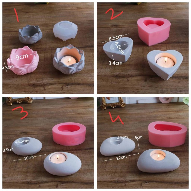 May include: Four silicone molds for making concrete candle holders. The molds are in the shapes of a flower, a heart, and two different oval shapes. The molds are pink and clear. The finished candle holders are shown in gray concrete.