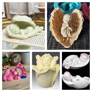 Molde de silicona para hacer jabón de bebé, ángel 3D durmiendo, flor floral, madre, baby shower, vela, molde de diseño, cera para derretir y verter, arcilla, resina, artesanía