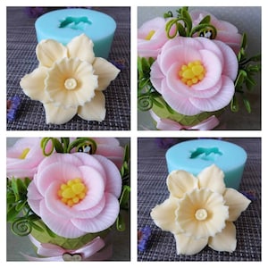 Molde de silicona de resina de arcilla con forma de vela de jabón con diseño de flores 3D de narcisos y orquídeas, molde para derretir y verter para hacer jabón de Navidad, hecho a mano