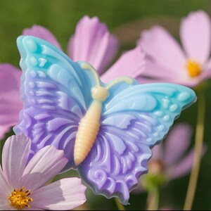 May include: A purple and blue butterfly-shaped soap with a light yellow centre. The soap is sitting on a pink flower.