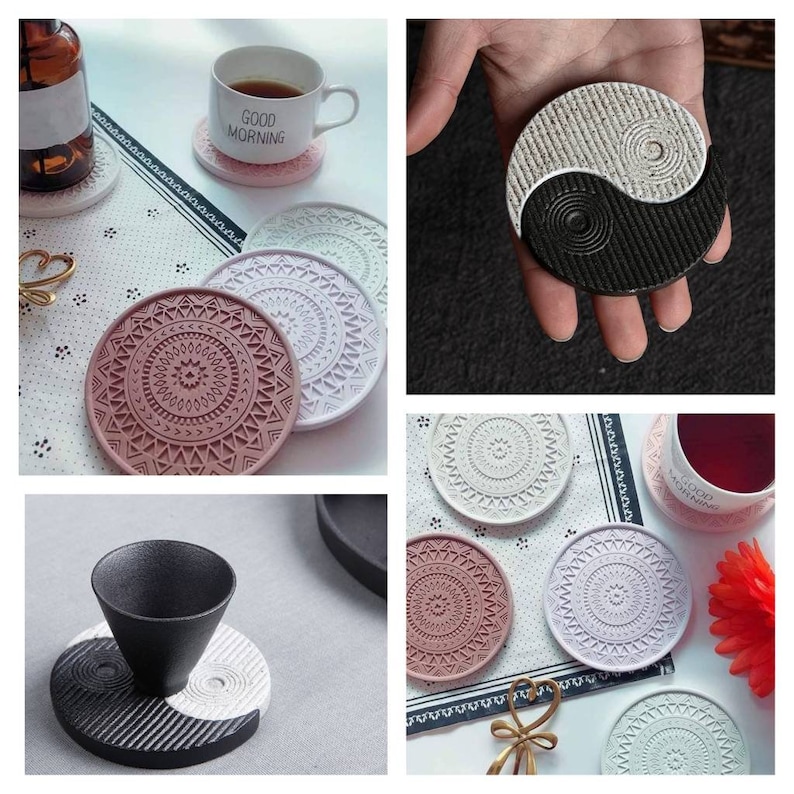 May include: Set of six coasters featuring a variety of designs. The coasters are made from a durable material and are perfect for protecting your furniture from heat and spills. The designs include a pink mandala, a white mandala, a black and white yin yang, and a grey and white yin yang.