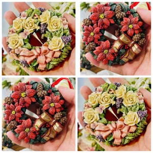 Weihnachtskranz Ornament Silikonform mit Blumenrosen Weihnachtsstern Seifenform Gips Beton hängenden Diffusor Seilform