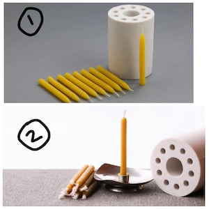Op de afbeelding: Een witte keramische mal met meerdere gaten voor het maken van kleine, gele bijenwaskaarsen. Een enkele gele bijenwaskaars wordt naast de mal getoond. Een rij van 12 kleine, gele bijenwaskaarsen wordt voor de mal getoond.