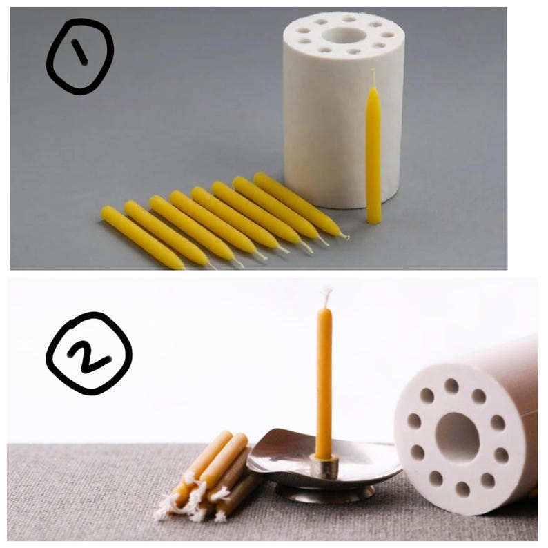 Op de afbeelding: Een witte keramische mal met meerdere gaten voor het maken van kleine, gele bijenwaskaarsen. Een enkele gele bijenwaskaars wordt naast de mal getoond. Een rij van 12 kleine, gele bijenwaskaarsen wordt voor de mal getoond.