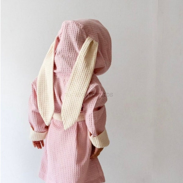 Toddler robe with rabbit hood - hooded bathrobe for kids - waffle kids bathrobe with bunny ears