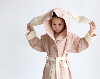 Beige waffle robe- Kids waffle bathrobe- Hooded robe with ears