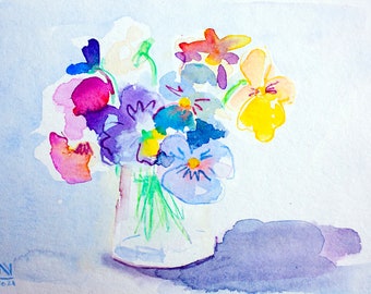 Violet Painting Spring Original Art Pansy Painting Flower Art Small Watercolor 7 by 5 Floral Wall Art by ElgrigoArtShop