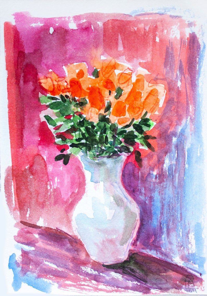Flower Painting Original Art Watercolor Small Wall Art Botanical Artwork by Natasha Ledeneva