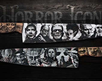 Cuchillo de utilería de tamaño completo con temática de Forbidden Props que presenta íconos de películas de terror - TODO DE MADERA