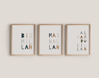 May include: Three framed art prints with the words "BISMILLAH", "MASHALLAH", and "ALHAMDULILLAH" in a modern, minimalist style. The text is in various colors, including dark green, brown, and beige, against a white background.