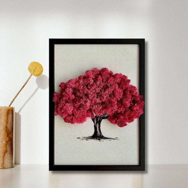 Unique Wall Moss Sakura Art Framed Decor Accent Home Decor Reindeer Moss Picture WDSLO Gift Ideas  Natural Piece with Preserved Moss