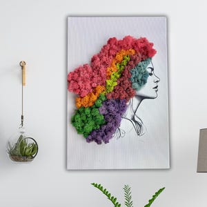 Accent Wall Moss Art Girl Rainbow Hair / Unique Canvas Home Decor/ Reindeer Moss Picture/ Gift Ideas Natural Piece Colorful Preserved Lichen