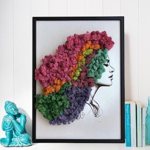 Framed Moss Art Wall Decor/ Female Profile Art Moss Color Hair/ Unique Decor/ Preserved Reindeer Lichen/Moss Home Decor/ Accent Decor Gift