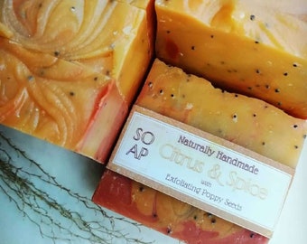 Citrus & Spice exfoliating Soap, Uplifting Essential Oils and Poppy Seeds, Olive Oil and Shea butter Artisan Soap, Vegan Soap Handmade UK