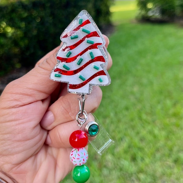 Christmas Tree Cake Badge Reel w/ matching beads