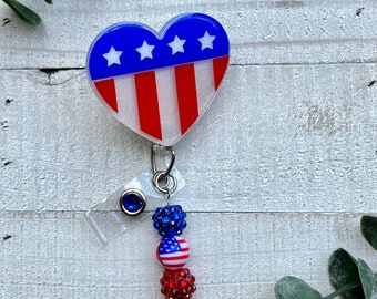 USA Heart / 4th of July Badge Reel w/ Matching Beads