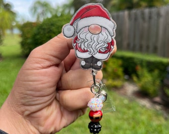 Christmas Gnome Badge Reel w / Matching Beads (new beads)