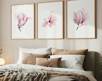 Magnolia Flower Wall Art, Set of 3 Prints Floral Pink, Housewarming Gift, Gallery Wall Watercolor Botanical Decor