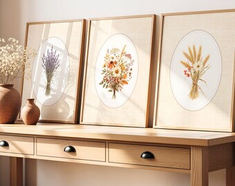 Fall Flower Wall Art, Cottagecore Floral Wall Decor Set of 3, Autumn Prints, Lavender