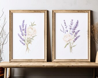 Lavender Flower Wall Art, Wildflower Print Set of 2, Above the Couch, Vintage Wall Decor