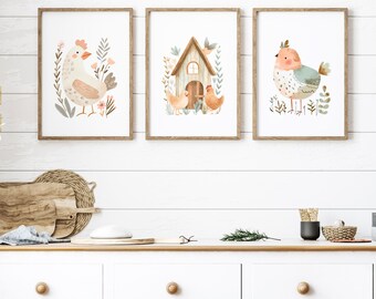 Rustic Kitchen Wall Art, Scandi Farmhouse Wall Decor, Chicken Print, Gallery Wall