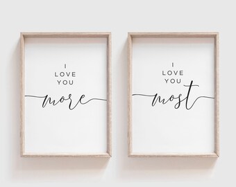 ARTE DE PARED PARA DORMITORIO Arte de pared sobre la cama Decoración de dormitorio Minimalista Te amo más Te amo más Signo Signo de amor Impresión de dormitorio sobre la cama