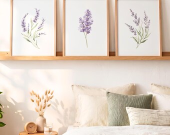 Lavender Flower Prints, Purple Floral Wall Art Set of 3, Above the Bed Decor, Housewarming Gift