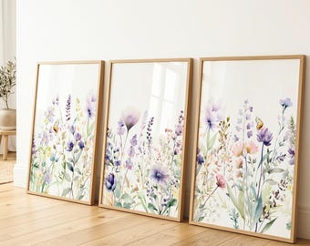Floral Wall Art, Purple Flower Prints, Set of 3 Wall Decor, Housewarming Gift