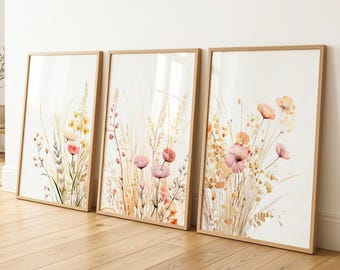 Floral Wall Art, Pink and Blush Flower Prints, Set of 3 Wall Decor, Housewarming Gift