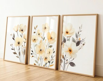 White Flower Prints, Cream Floral Wall Art Set of 3, Above the Bed Decor, Housewarming Gift