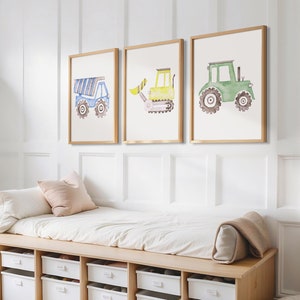 Impressão de berçário de caminhão de construção, arte de parede para quarto de criança, decoração de parede para quarto de menino, conjunto de 3 impressões de veículos em aquarela, arte para presente de chá de bebê