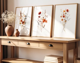 Fall Flower Wall Art, Wildflower Thanksgiving Wall Decor, Autumn Floral Print Set of 3