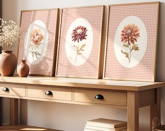 Fall Flower Wall Art, Cottagecore Floral Wall Decor Set of 3, Autumn Prints, Lavender