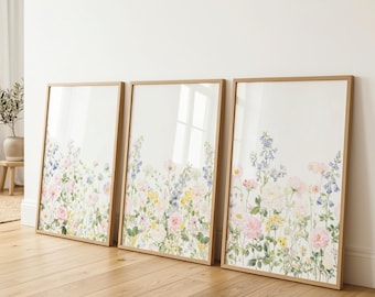 Pastel Flower Wall Art Set of 3, Above the Bed Floral Prints, Pink Wildflowers Over the Crib