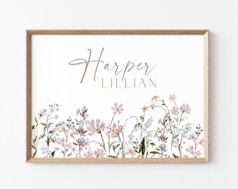 Decoración para habitación infantil de niña. Letrero con nombre para habitación infantil de niña. Arte de pared para habitación infantil de niña. Decoración de pared para habitación infantil con flores silvestres. Habitación infantil con estampado floral bohemio. Regalo para bebé niña.