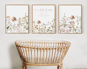 Dekoracje do pokoju dziecięcego z motywem dzikich kwiatów, sztuka ścienna do pokoju dziecięcego w stylu boho, nadruk botaniczny, kwiatowy wystrój pokoju dziecięcego, dekoracja pokoju dziecięcego z motywem pola róż, nadruk dekoracyjny do pokoju dziecięcego z motywem kwiatów