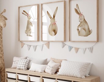 Bunny Nursery Prints Girl Rabbit Baby Room Wall Art Nursery Minimalist Wall Decor Baby Shower Gift Prints Set of 3 Boho Nursery Pink Bow Art
