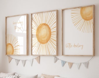 Nursery Print Sunshine, Boho Sun Nursery Wall Decor, Sun Here Comes the Sun Nursery Print Set, Gender Neutral Nursery Prints, Yellow