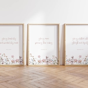 Christian Nursery Wall Decor for a Girl's Room | Baby Room Bible Verse Print | Baby Shower Gift | Nursery Print Set of 3 Scriptures UNFRAMED