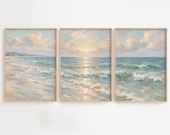 Coastal Wall Art Set of 3, Ocean Wall Art, Beach Prints, Blue Beige Seascape, Neutral Coastal Decor, Beach House Wall Art