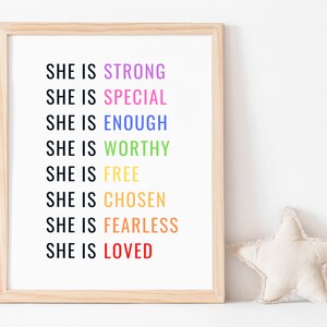 She Is Strong Print, Girl Room Decor, Girl Power Print, Rainbow Girls Room Decor, Girl Room Wall Art, She Is Loved image 5