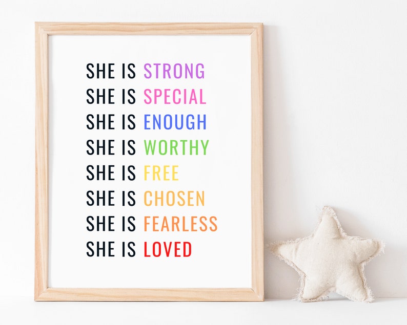 She Is Strong Print, Girl Room Decor, Girl Power Print, Rainbow Girls Room Decor, Girl Room Wall Art, She Is Loved image 5