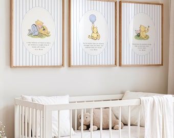 Winnie the Pooh Vintage Wall Art, Bear Nursery Wall Decor, Above the Crib Girl Print Set