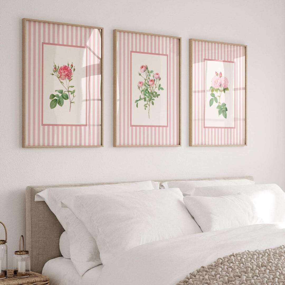 Wall Art Flower Vintage Set of 3 Prints Pink Cottagecore Bedroom Wall ...