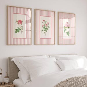 Wall Art Flower Vintage Set of 3 Prints Pink Cottagecore Bedroom Wall Decor Rose Nursery Girl Baby Room Floral Living Room Wildflower Poster