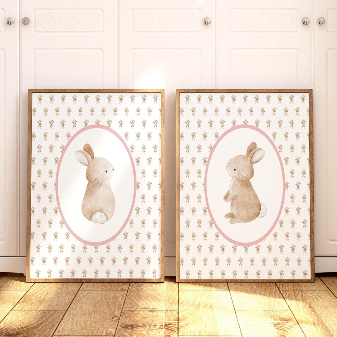 Nursery Print Bunny Set of 2: Girl Baby Room Wall Art With Pink Flowers ...